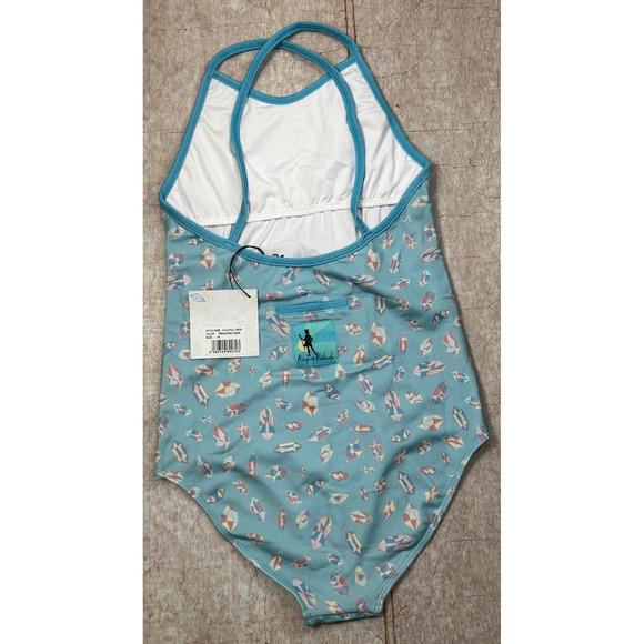 King of Redonda Girls One-Piece Swimsuit Size 14 Blue Geometric Criss Cross NWT - Picture 3 of 8